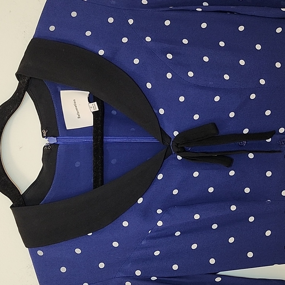 Reformation Tamia Mini dress navy Danube polkadot pattern black collar Sz 0 - Picture 9 of 16